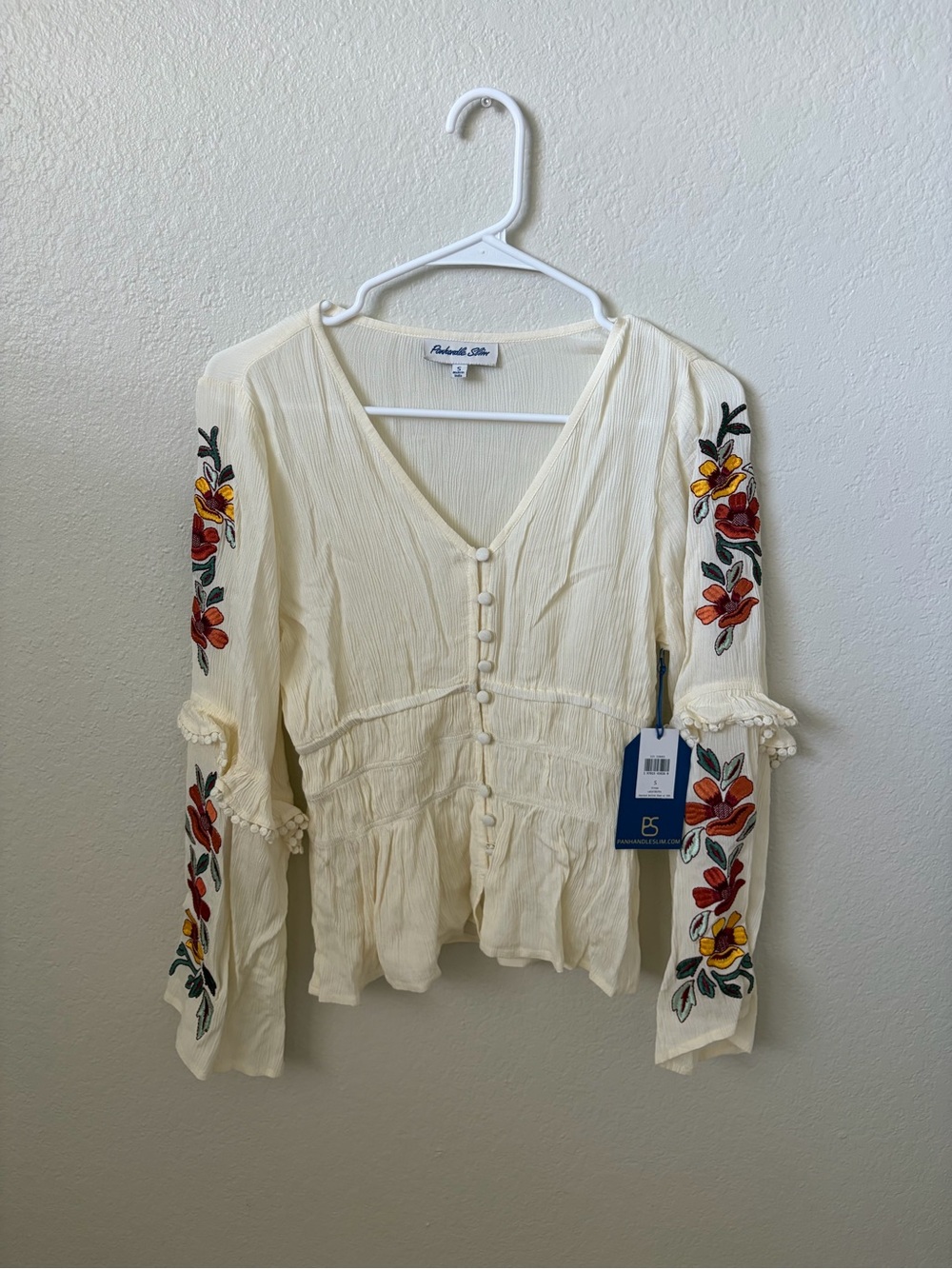 Panhandle Slim Cream Boho Button-Front Blouse with Floral Embroidery